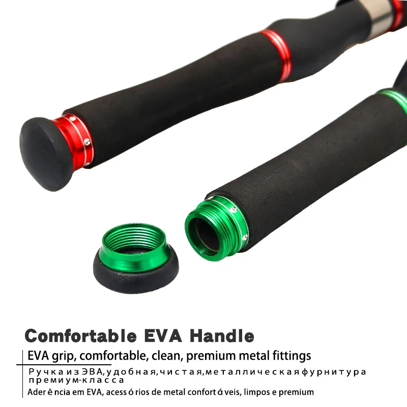 Un par de mangos de EVA (etileno-acetato de vinilo) negros y rojos con detalles en verde. Estos mangos están diseñados para brindar comodidad y probablemente se usan para agarrar objetos como cañas de pescar, bastones u otros equipos para exteriores.