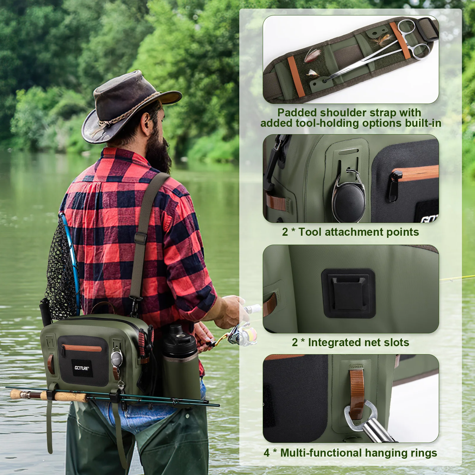 Goture-riñonera impermeable para pesca con mosca, 10L, 34,5x23x12,5 cm, ultraligera, con múltiples bolsillos, bolsa de pecho para pesca con estante para caña de almacenamiento - imagen 2