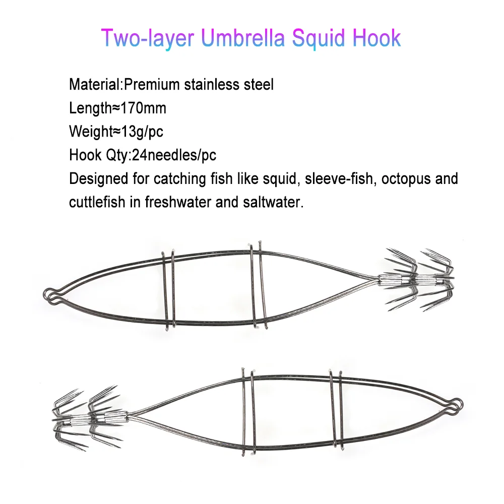 LIONRIVER-paraguas de doble capa de acero inoxidable, anzuelo de plantilla luminoso para pesca de calamar, sepia, pulpo, aparejo de señuelo de pesca de agua salada - imagen 2