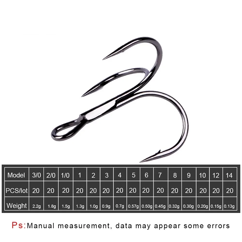 NGB 20PCS Anzuelo de pesca triple Acero con alto contenido de carbono 3/0 # -14 #   Anzuelo de pesca curvado redondo de níquel negro volteado para lubina con señuelo