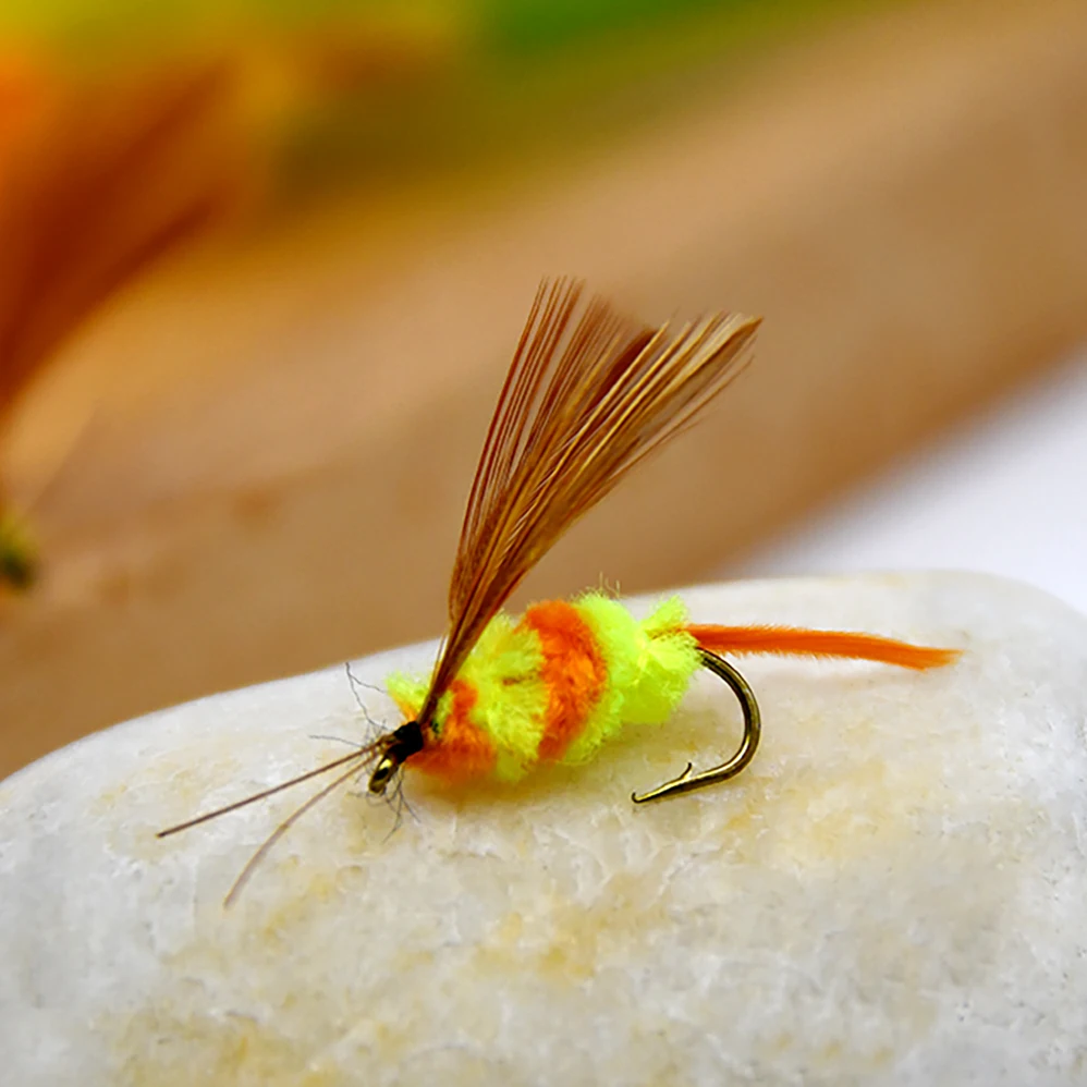 MNFT-señuelo de pesca con mosca, 10 piezas, alas de pluma, amarillo, naranja, cuerpo, insectos, ninfa, anzuelos, moscas de pesca, Mayfly - imagen 5