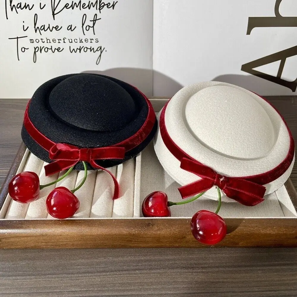 Nuevo Paño pajarita cereza gorro negro estilo francés mujeres horquilla sombreros blancos vestir - imagen 5