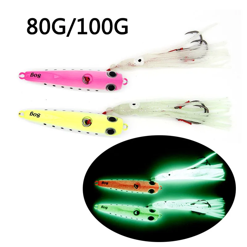 Plantilla de Metal de 60g, 80g, 100g, anzuelo de cebo de pulpo de agua salada, falda de calamar luminosa de silicona suave, señuelo, aparejos de pesca artificiales - imagen 2