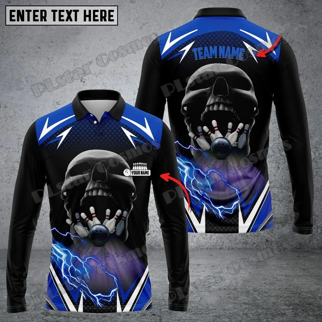 Bolos y alfileres relámpago en cráneo nombre personalizado 3D impreso hombres Polo de manga larga otoño Casual Polo Unisex PLP84 - imagen 3