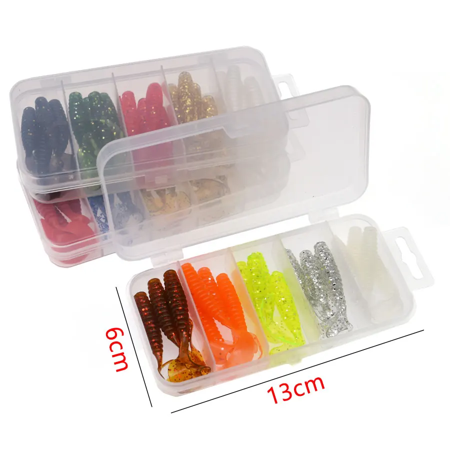 JYJ-señuelo de gusano para pesca, caja de 6cm, 20 unidades, cebo de gusano suave con 5 unidades, anzuelo de plantilla de 3,5g, para perca, señuelo de Lucio - imagen 4