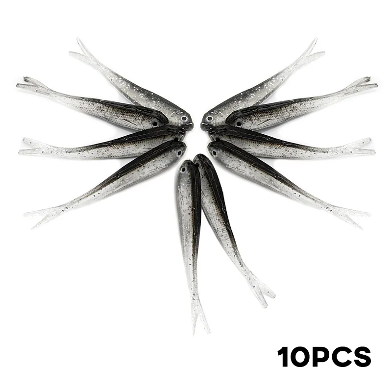 10 Uds. Señuelos de pesca artificiales de silicona de 75mm, cebo suave para peces pequeños grises y negros para pesca con caña - imagen 3