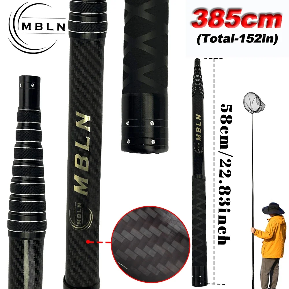MBLN Red de aterrizaje de fibra de carbono, poste telescópico de 385 cm, doblado de 158 cm, aro de 45 cm, carbono de 2 capas + epoxi, con bloqueo de posicionamiento, red de mano - imagen 2