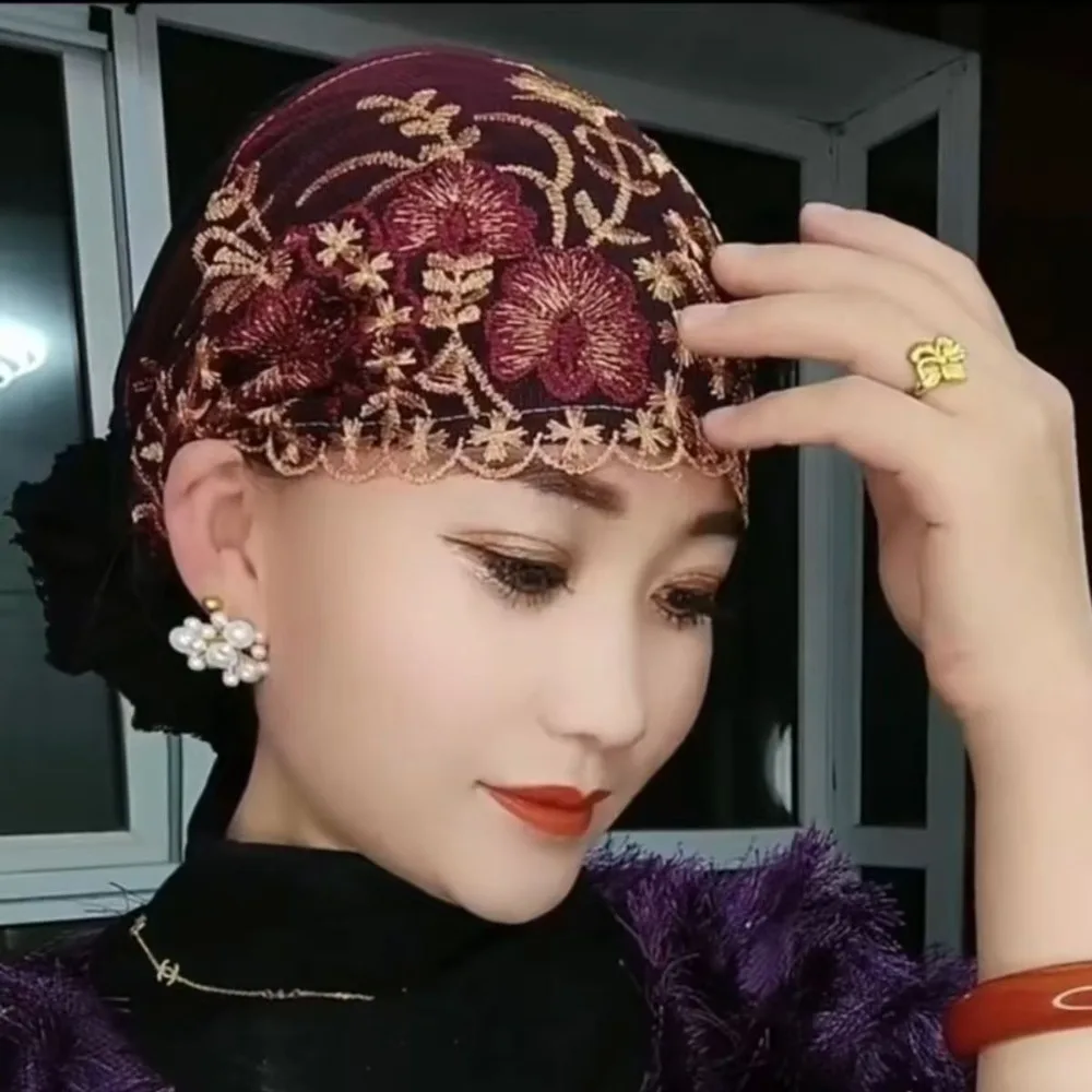 Nuevo Gorro con bordado de flores, cubierta completa, pañuelo para la cabeza de pelo blanco, gorro elástico transpirable para verano - imagen 3