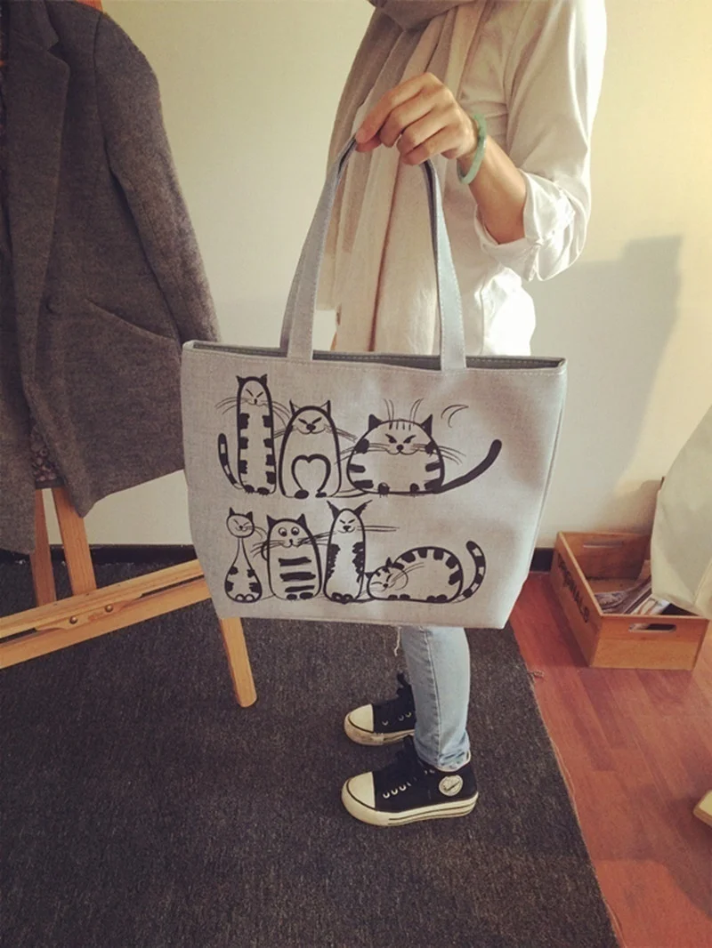Bolso de playa con cremallera y estampado de gatos de dibujos animados, bolso de lona a la moda para mujer, bolsos de compras - imagen 4