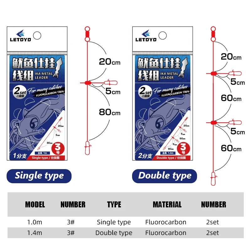 LETOYO 1/5set línea de carbono individual doble 100cm/140cm pesca de calamar IKA LEADER de METAL plantilla de calamar accesorios de pesca - imagen 2