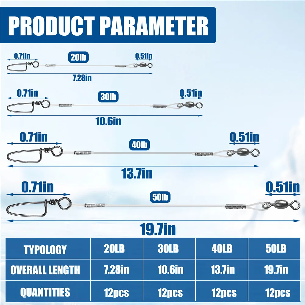 12 uds/24 Uds 100% sedal de pesca de fluorocarbono línea líder de alambre de pesca con giratorio y broche para señuelo conector de pesca 20-50LB - imagen 4