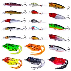 20 piezas juego de Señuelos de Pesca mixtos Minnow Crankbaits rana popper Wobblers Kit cebos artificiales para lubina Lucio trucha agua dulce