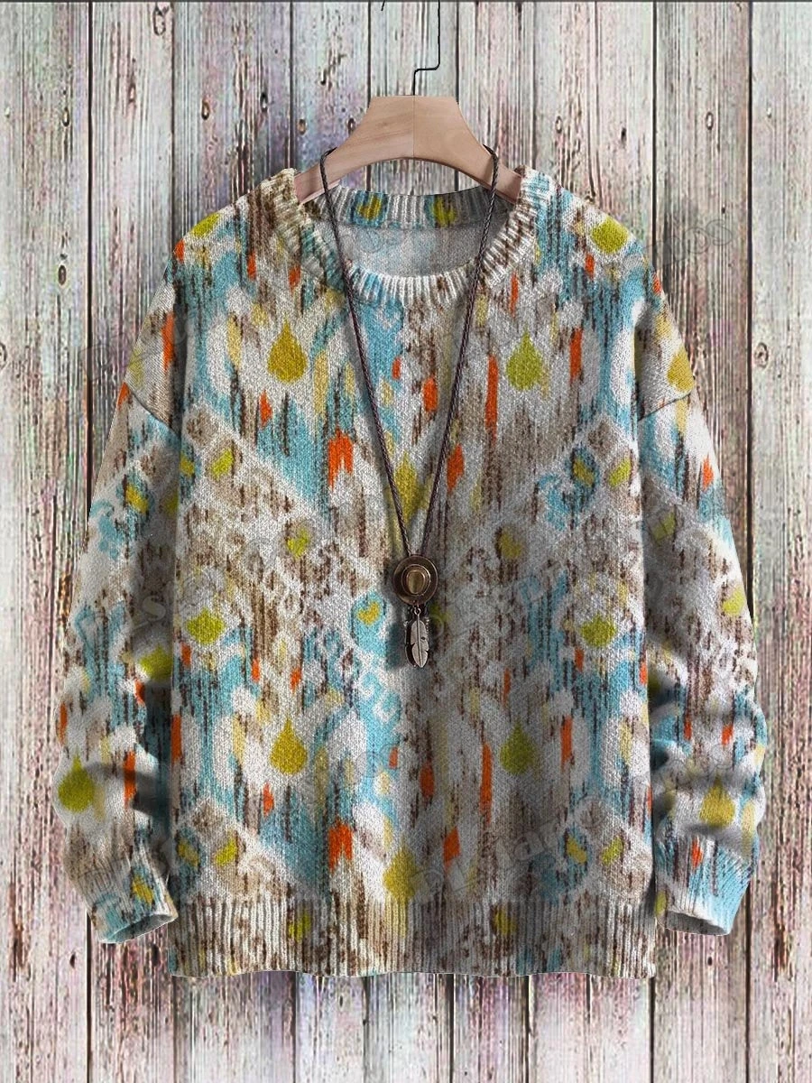 KMY39-suéter de punto informal para hombre y mujer, jersey de cuello redondo con estampado 3D de arte a rayas Multicolor, Estilo Vintage, Invierno - imagen 5