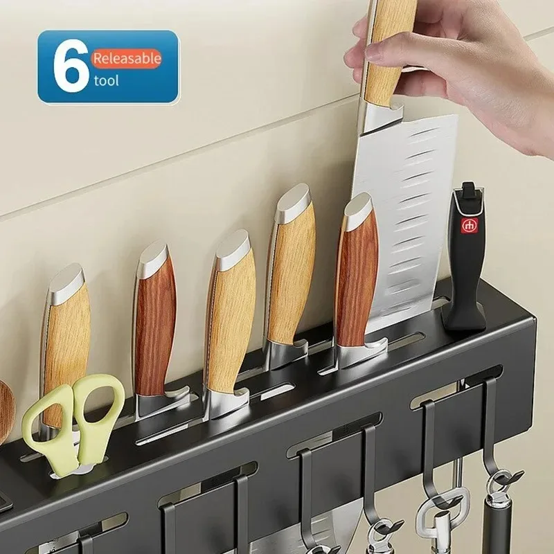 Tubos de palillos sin perforaciones, almacenamiento integrado, soporte para cuchillos montado en la pared, estante de almacenamiento multifuncional para cocinas domésticas - imagen 5