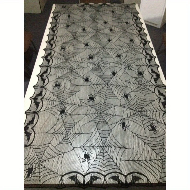 Mantel de tela de araña de encaje, esqueleto, calavera, decoración de Halloween, cubierta de bufanda de tela de araña de encaje, mantel de 120x240cm - imagen 4