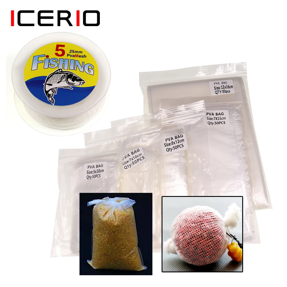 ICERIO-bolsas de PVA de disolución de agua, malla de PVA, Material de cebo de pesca de carpa, aparejos de pesca de promoción, 5x10cm, 7x10cm, 8x12cm, 50 piezas