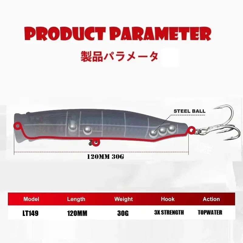 Topwater-señuelo Popper para pesca, cebo duro Artificial de 120mm y 30g, flotante, para lubina, aparejos de pesca - imagen 4