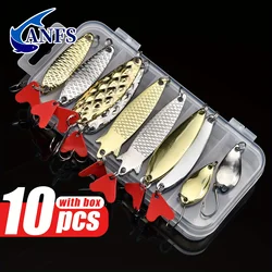 ANFS 10 unids/set oro y plata plantilla de Metal cuchara Spinner señuelo de pesca Wobbler juego de cebo con caja de aparejos de pesca Kit para pesca