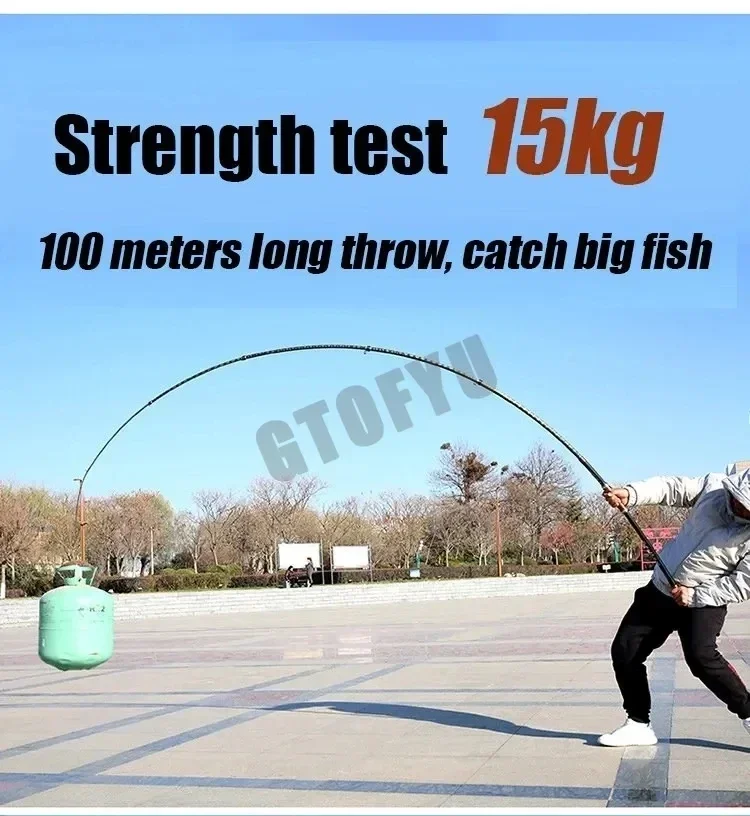 Caña de pescar portátil de 15kg, 2,7/3,0/3,6/4,2/4,,5 m, caña de pescar telescópica de fibra de carbono resistente para viaje, caña de pescar giratoria para barco de mar - imagen 4