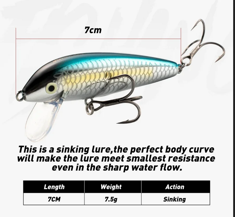 Mini cebo Minnow de 7cm y 7,5g, Wobblers de hundimiento para señuelo de pesca, cebo Artificial, señuelos de trucha de pez falso - imagen 2
