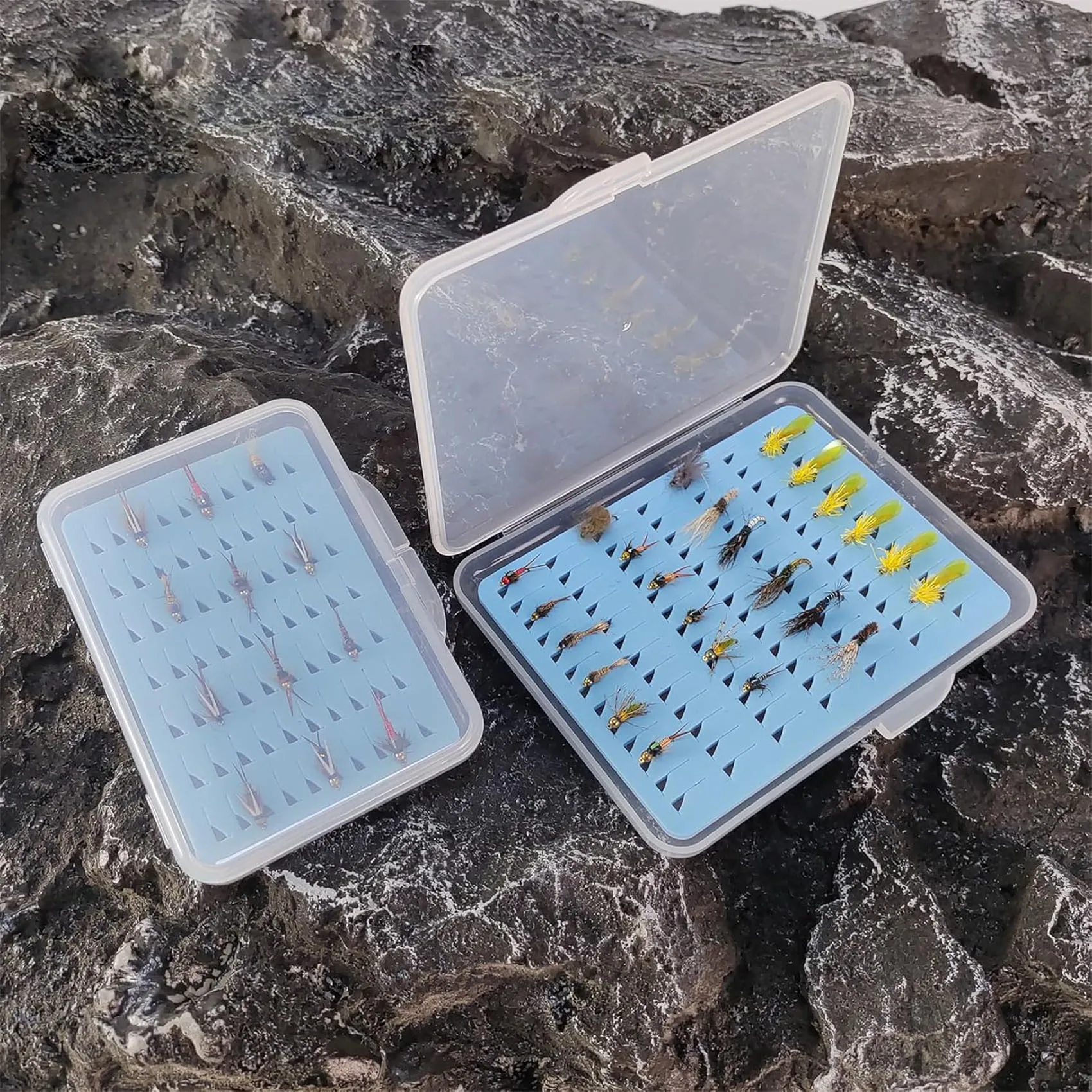 Caja de pesca con mosca delgada transparente transparente Aventik con almacenamiento de aparejos de pesca de espuma azul - imagen 4