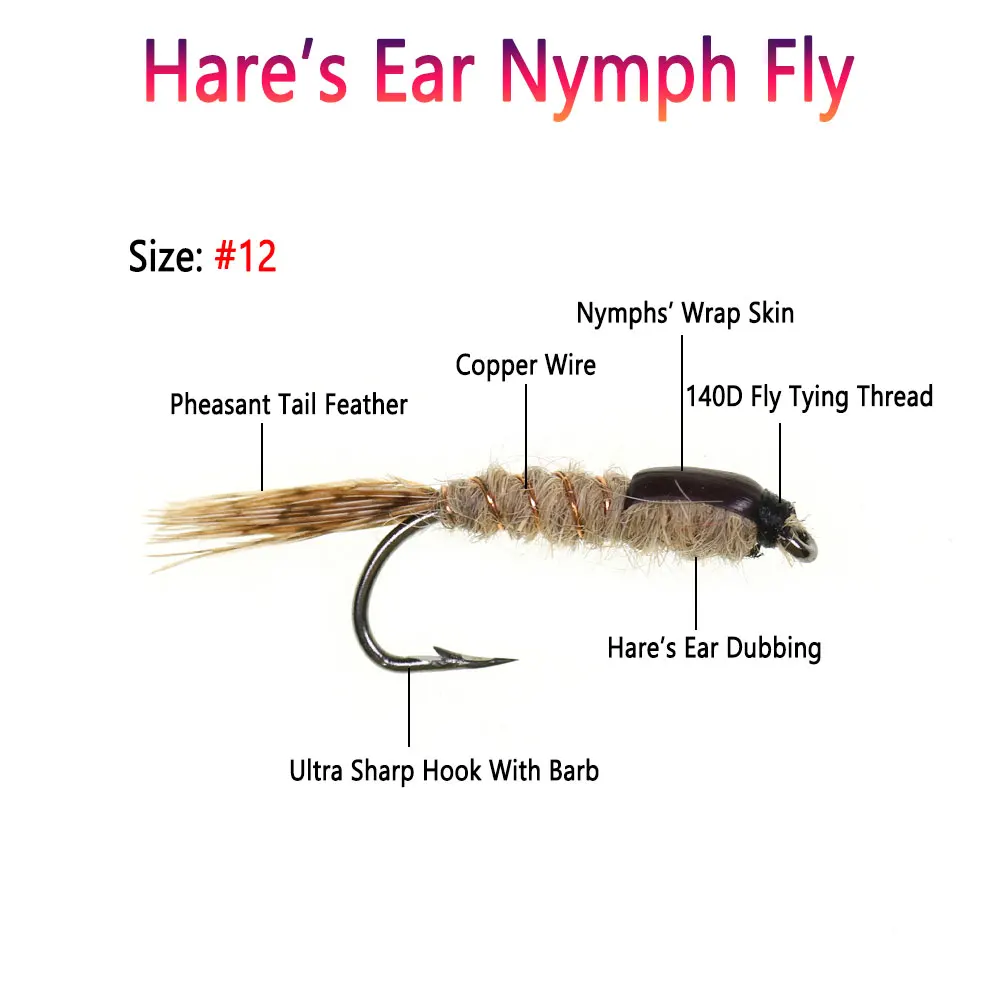 Bimoo 3/6PCS # 12 cola de faisán oreja de liebre ninfa mosca con púas mosca húmeda Artificial para trucha Grayling Panfish perca Señuelos de pesca - imagen 3