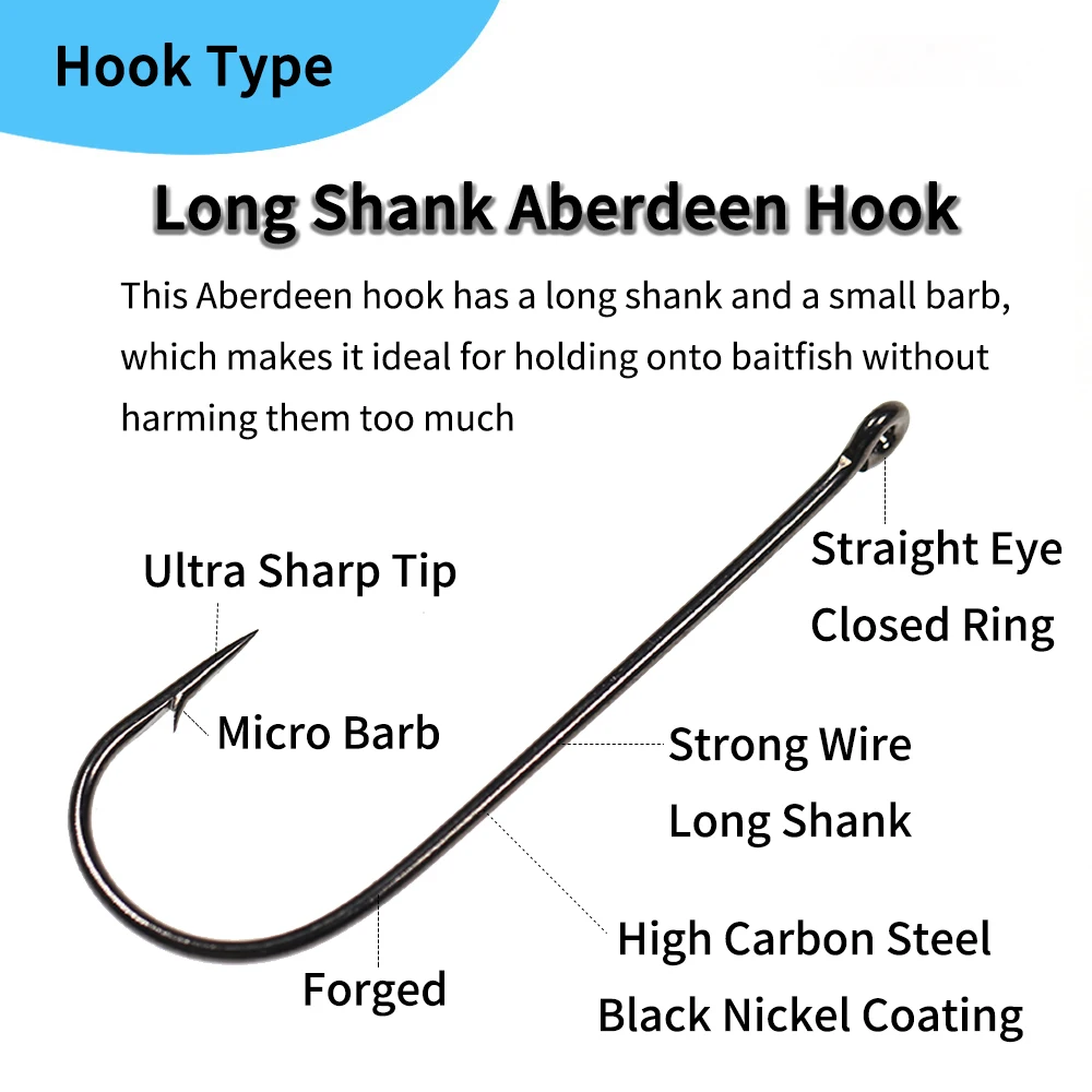 Elllv 50 piezas 8 # - Anzuelo Aberdeen de alambre fino de vástago largo 4/0, cebo vivo para pesca en agua dulce y salada, aparejos Sabiki, anzuelo para mosca de trucha y lubina - imagen 2
