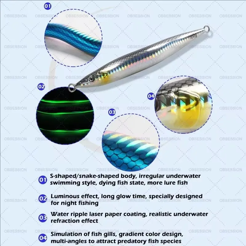 J82 130g160g 180g Señuelos de Jigging lento y rápido forma que se hunde brillo UV señuelo de pesca plantillas de fundición cebo duro con gancho de asistencia - imagen 5