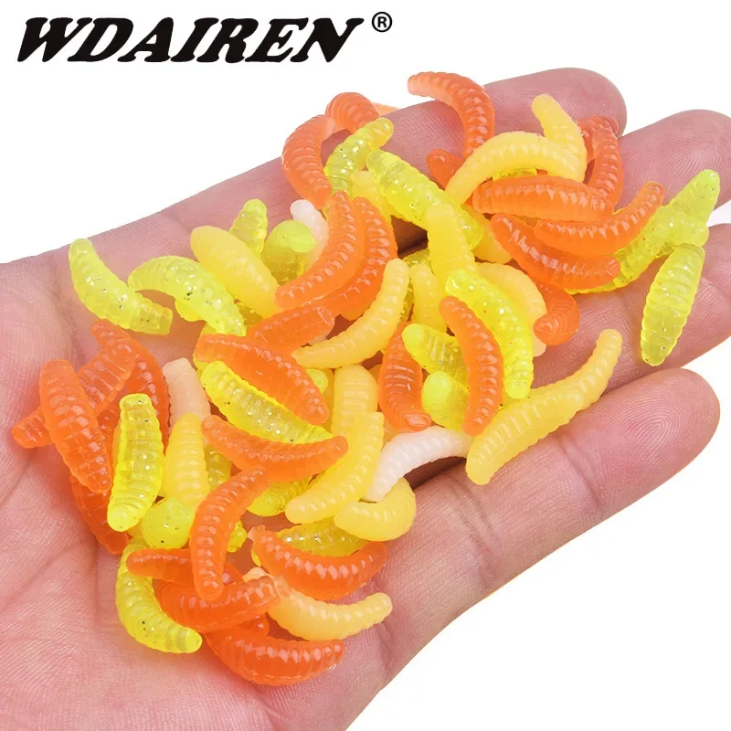 50 o 100 Uds gusano larva cebo suave 2cm Pvc olor a pescado señuelo de pesca de silicona brillo camarones lubina para carpa señuelos de gusano biónico - imagen 2