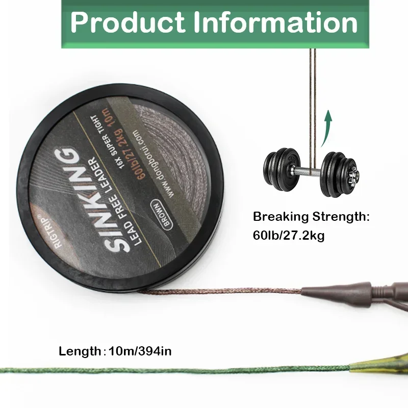 Línea líder de pesca de carpa, 10m/60lb, aparejos de pelo de carpa, 2 colores, 16x, súper apretado, sin plomo, para aparejos de sedal de pesca gruesa de carpa - imagen 3