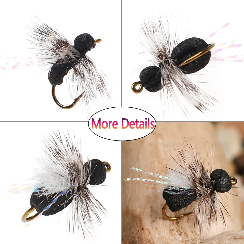 Bimoo 6 piezas # 10 Grizzly Hackle espuma hormiga mosca flotante negro mosca seca Para poste ala insecto Artificial cebo trucha Char Señuelos de pesca - imagen 4