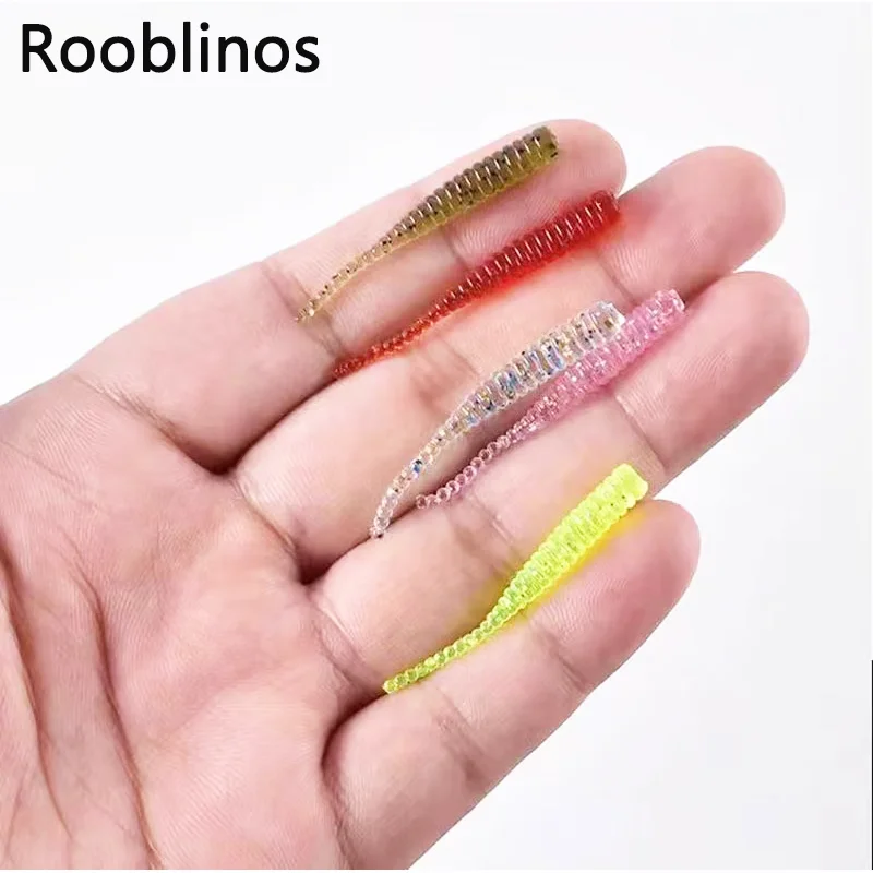 Rooblinos 20 piezas gusano de cola de una sola aguja Micro 35mm señuelo de pesca Ajing pequeño pez roca silicona Isca cebo Artificial plantilla luminosa - imagen 2