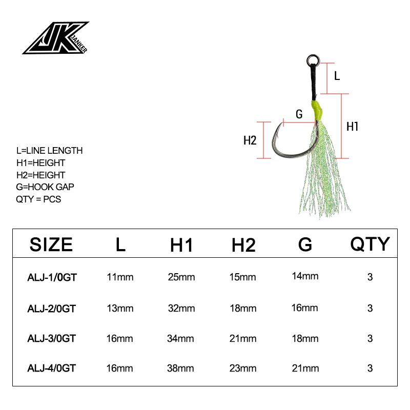 Anzuelos de asistencia JK ALJ 1/0, 2/0, 3/0, 4/0, para Jigging individual, anzuelos de agua salada con pluma brillante - imagen 5