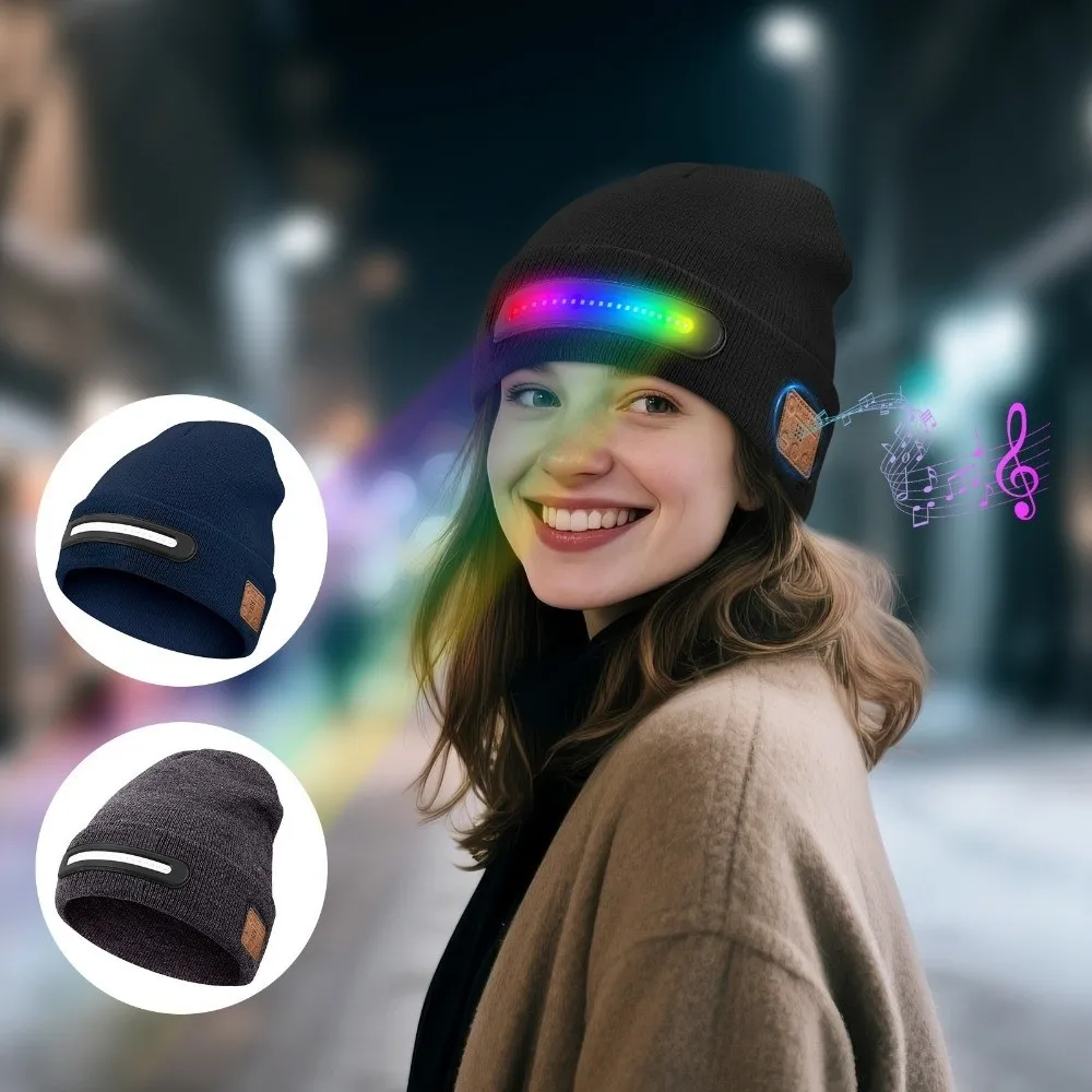 Gorro con luz LED recargable por USB, altavoz incorporado con micrófono, gorro inteligente desmontable con Bluetooth, gorro tejido con iluminación de tres etapas - imagen 3