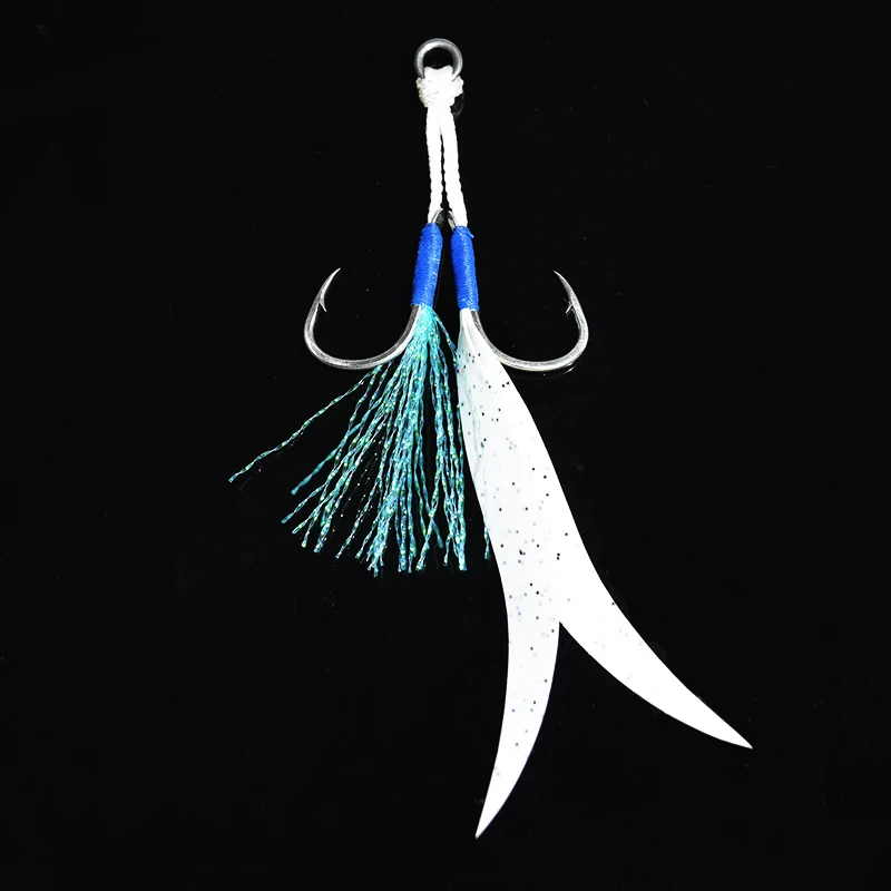 Cinta de silicona para falda, gancho de acero de alto carbono con asistencia para pesca marina, plantilla de Metal Mate, gancho de doble asistencia, 10 unidades por lote - imagen 4