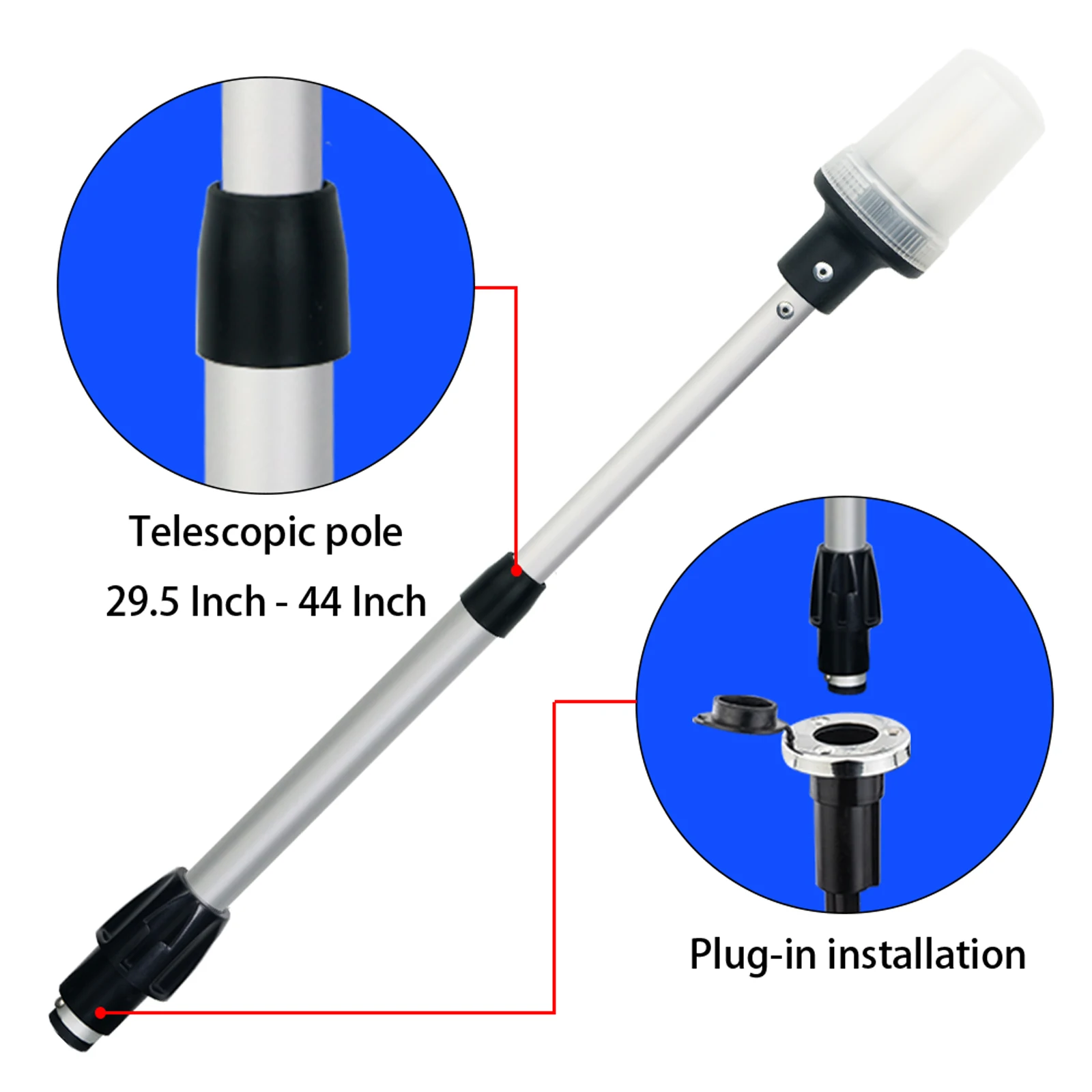 Luz de popa telescópica, ancla LED blanca redonda de navegación, USCG 2NM, base enchufable extraíble de 2 pines, 12-24 VCC, 29,5-44 pulgadas - imagen 4