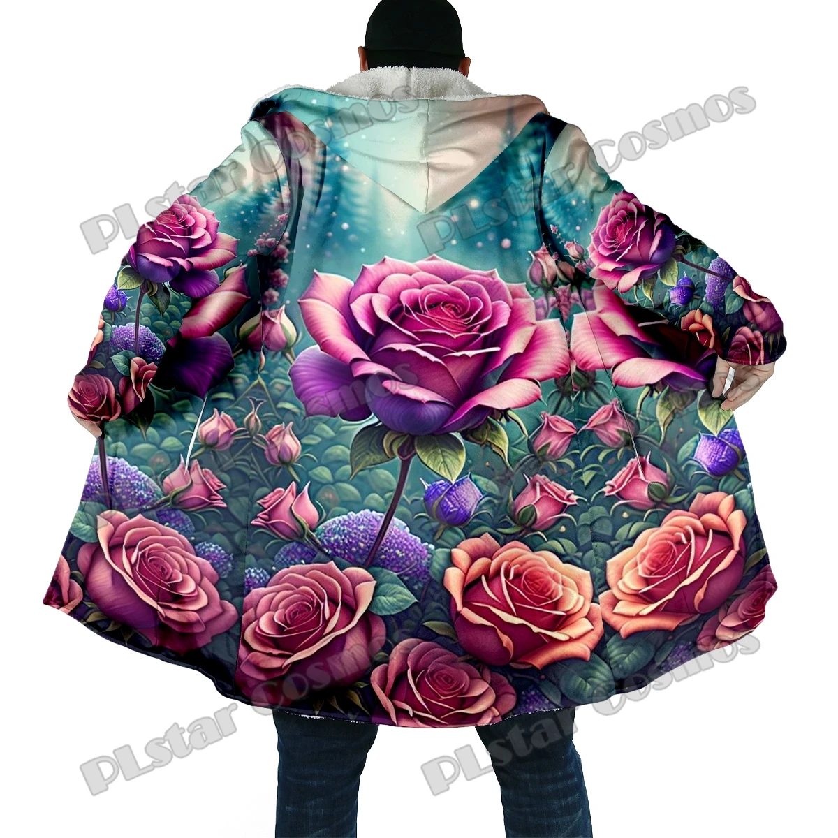 Capa de moda de invierno para hombre, capa con capucha de lana gruesa con estampado 3D de flores y rosas, capa cálida informal Unisex DP43 - imagen 5