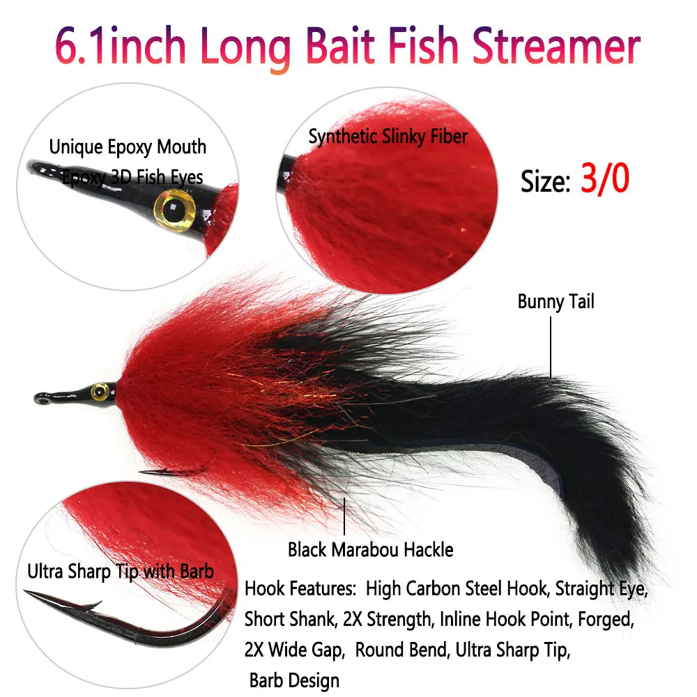 3/0 2 uds 6,10 pulgadas cola de conejito Baitfish Streamer mosca Marbaou Hackle Zonker Streamer Pike almizclado lubina trucha Señuelos de pesca de agua salada - imagen 3