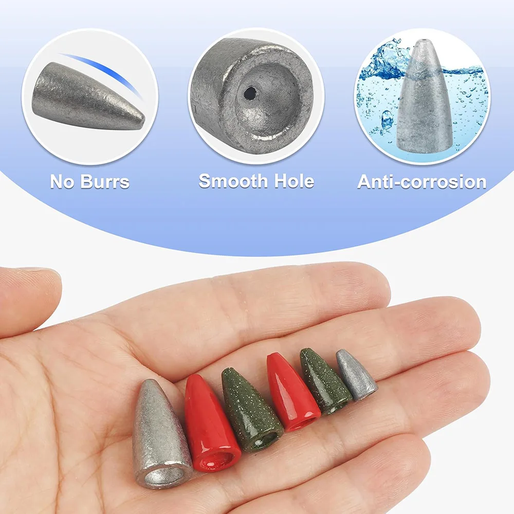 50 Uds. De plomos de pesca tipo bala, Kit de pesas de gusano, surtido de plomos deslizantes para pesca de lubina, aparejos de pesca Carolina Texas - imagen 4