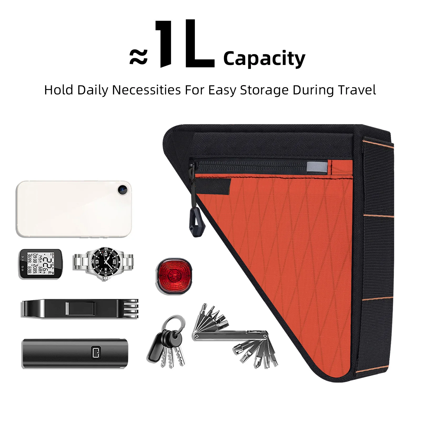 Bolsa de herramientas para bicicleta, triángulo, capacidad de 1L, diseño compacto, se adapta a varias bicicletas, grava plegable de montaña y carretera, resistente a la lluvia - imagen 5