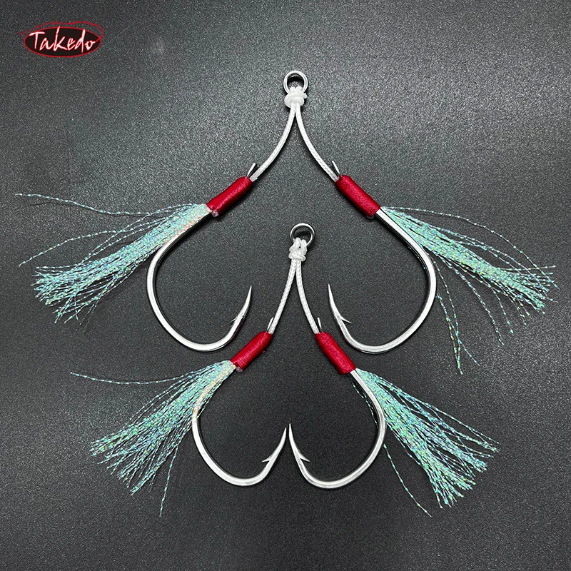 TAKEDO 6 par/caja anzuelo de asistencia 1/0 - 5/0 anzuelo de pesca anzuelo de Jigging con línea de PE anzuelo de pesca doble para bacalao atún bajo - imagen 2