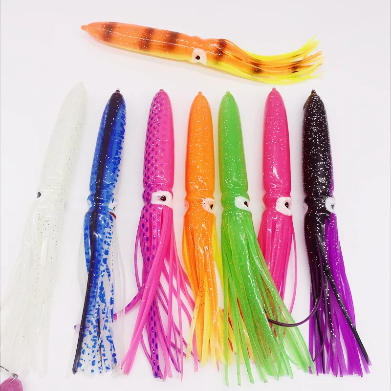 Anzuelo de pesca Artificial, señuelo suave luminoso, faldas de calamar, cebo Jigging para pesca de atún, curricán de pulpo de plástico, 5 piezas, 22CM/8g - imagen 2