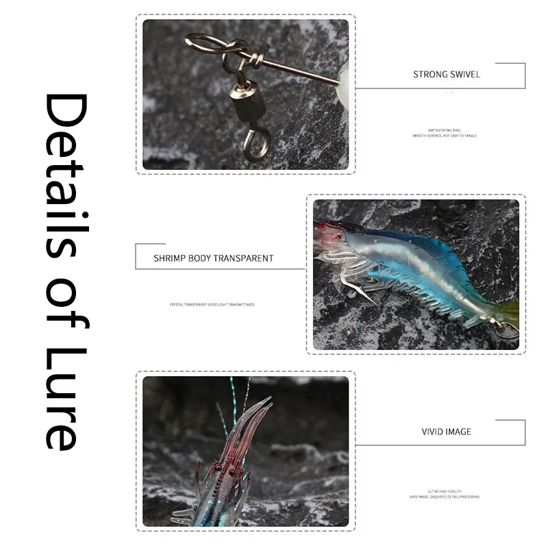 Cebo suave de camarón de silicona luminoso, 5 uds., 7,5 cm/5,5g, señuelo de pesca Artificial, cuentas giratorias, anzuelos, aparejo Sabiki, Swimbait Wobblers - imagen 5