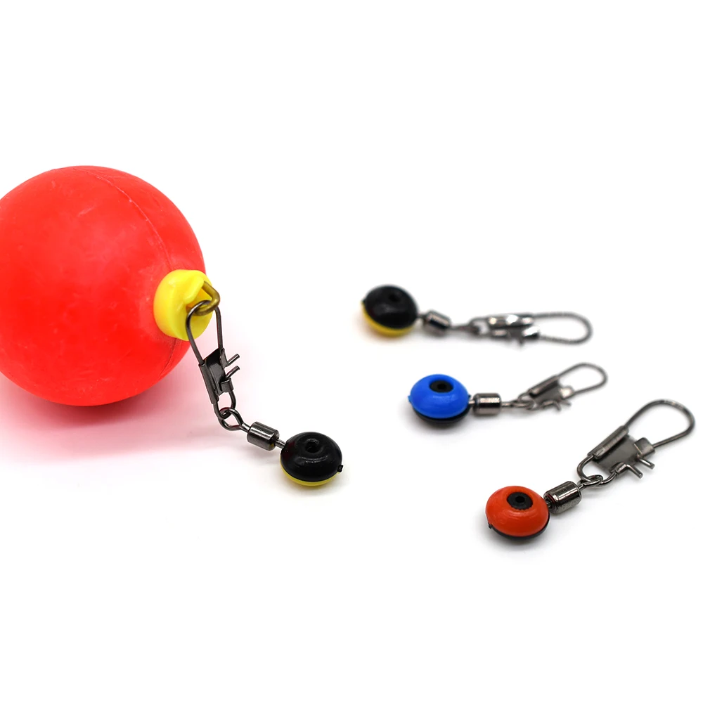 100 unids/caja línea de pesca diapositivas de plomo conector de flotador de pesca giratorios con broches de enclavamiento rojo/amarillo/azul - imagen 4
