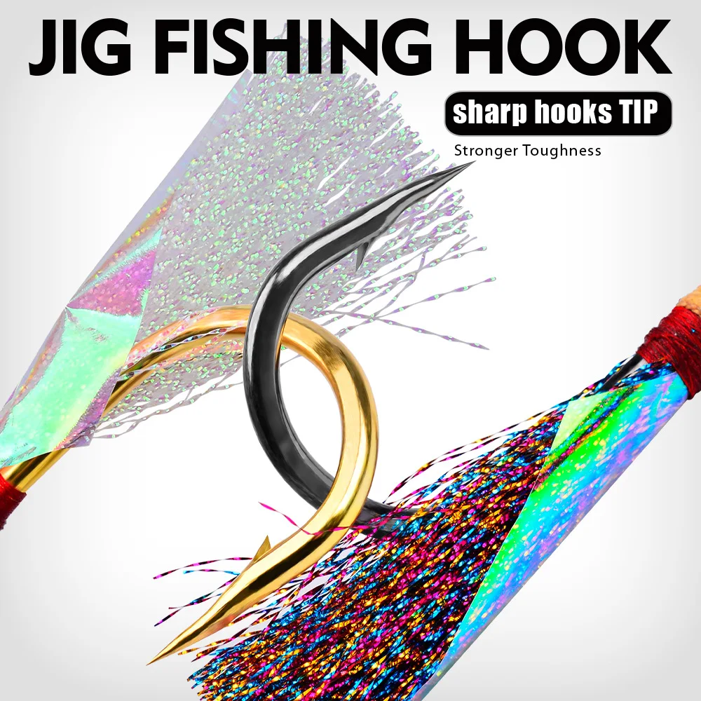 5 uds anzuelos de pesca de agua salada con pluma rosa 11/0 anzuelos de pesca de acero inoxidable dorado y negro - imagen 5