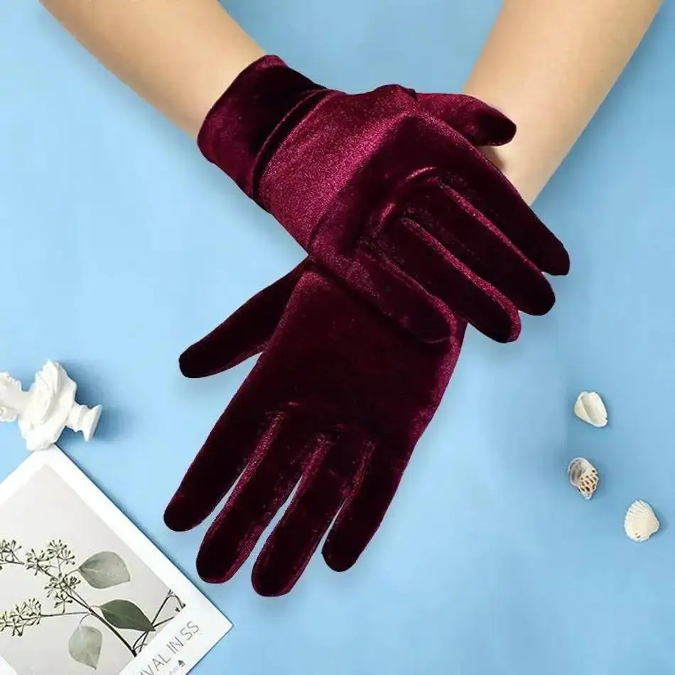 1 Uds. Guantes cortos de terciopelo de ópera, guantes para disfraz de Halloween para mujer, Flapper elástico hasta la muñeca, banquete, fiesta de té - imagen 5