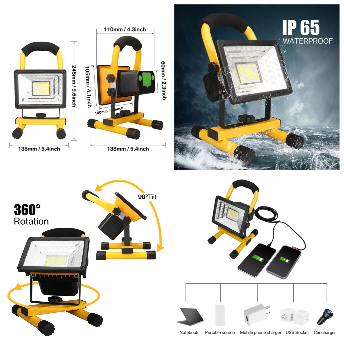 Luces de trabajo LED de 60W, reflector recargable, luces portátiles impermeables para el sitio de trabajo de emergencia con soporte para viajes de acampada - imagen 2