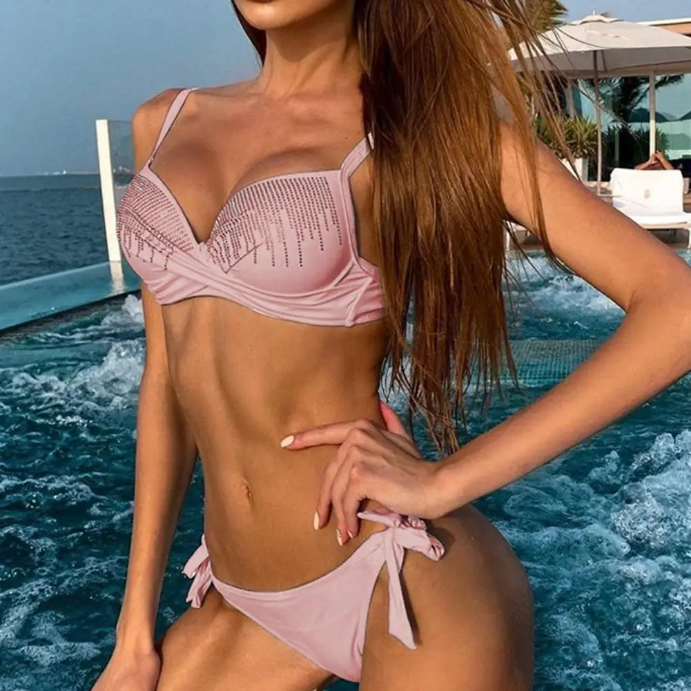 Traje de baño con sujetador de realce para mujer, bañador Sexy con diamantes de imitación, conjunto de Bikini, ropa de playa - imagen 3
