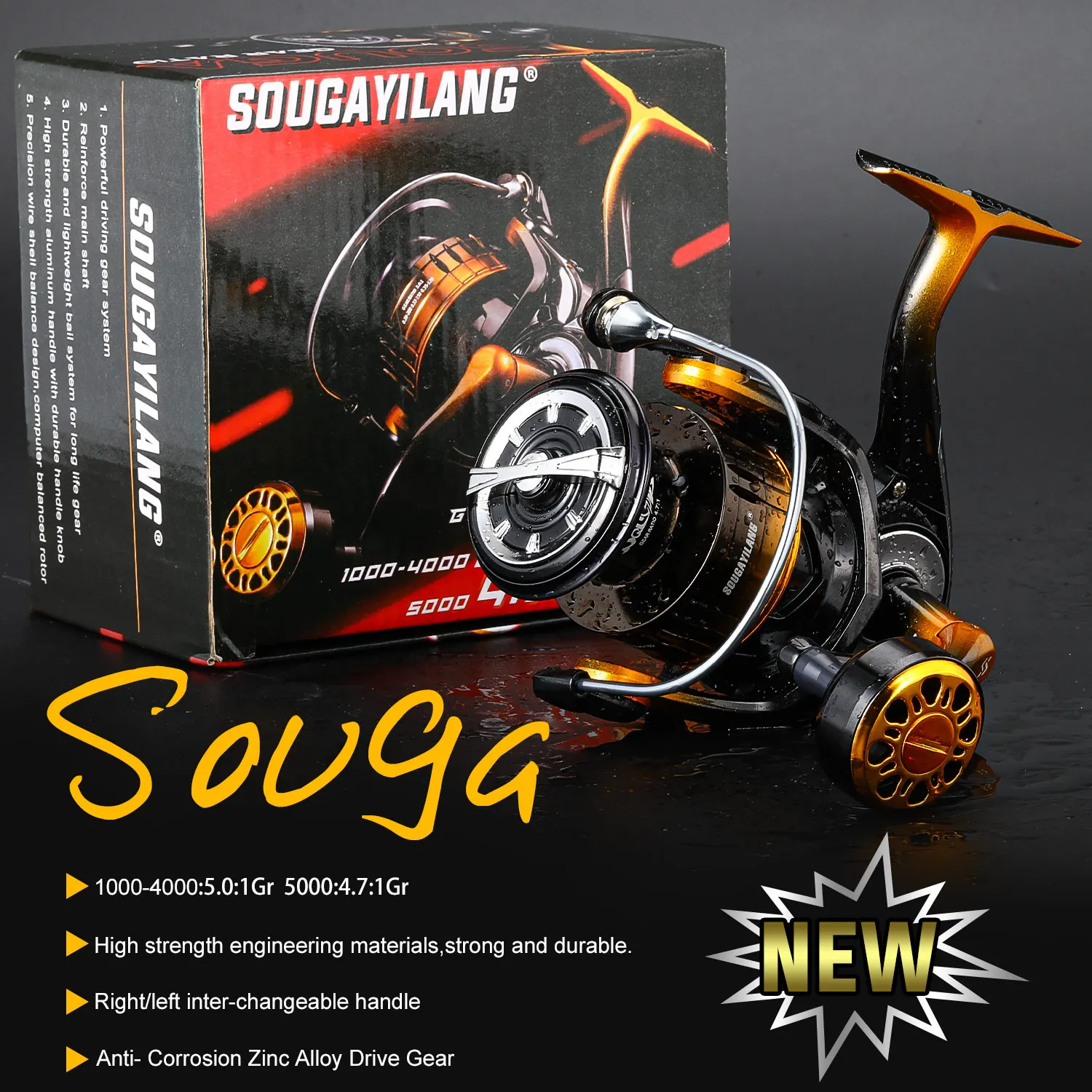 Carrete de pesca giratorio Sougayilang 1000-5000, carrete de aleación de aluminio, arrastre máximo de 10kg, carrete giratorio para lubina, trucha para pesca en agua dulce