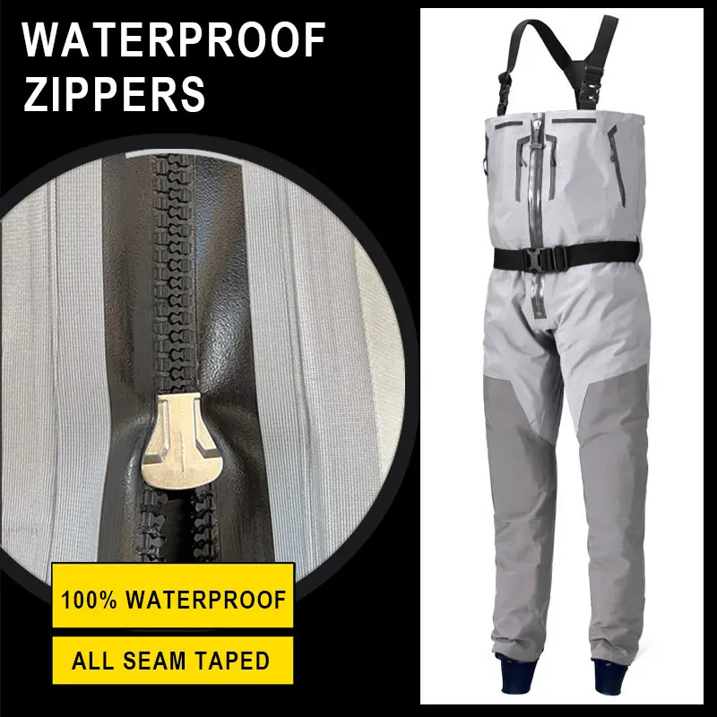 No Boots Zippered Chest Waders 4-Layers for Men with Latex Ankle Gaskets Waterproof Suit for Hunting Fishing Convertible Waders - imagen 5
